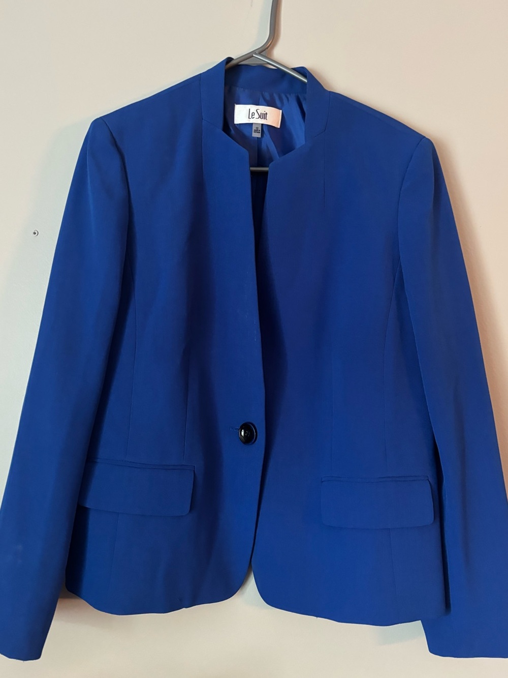 Le Suit Vibrant Blue Suit Collarless Single-Button Blazer with matching pants